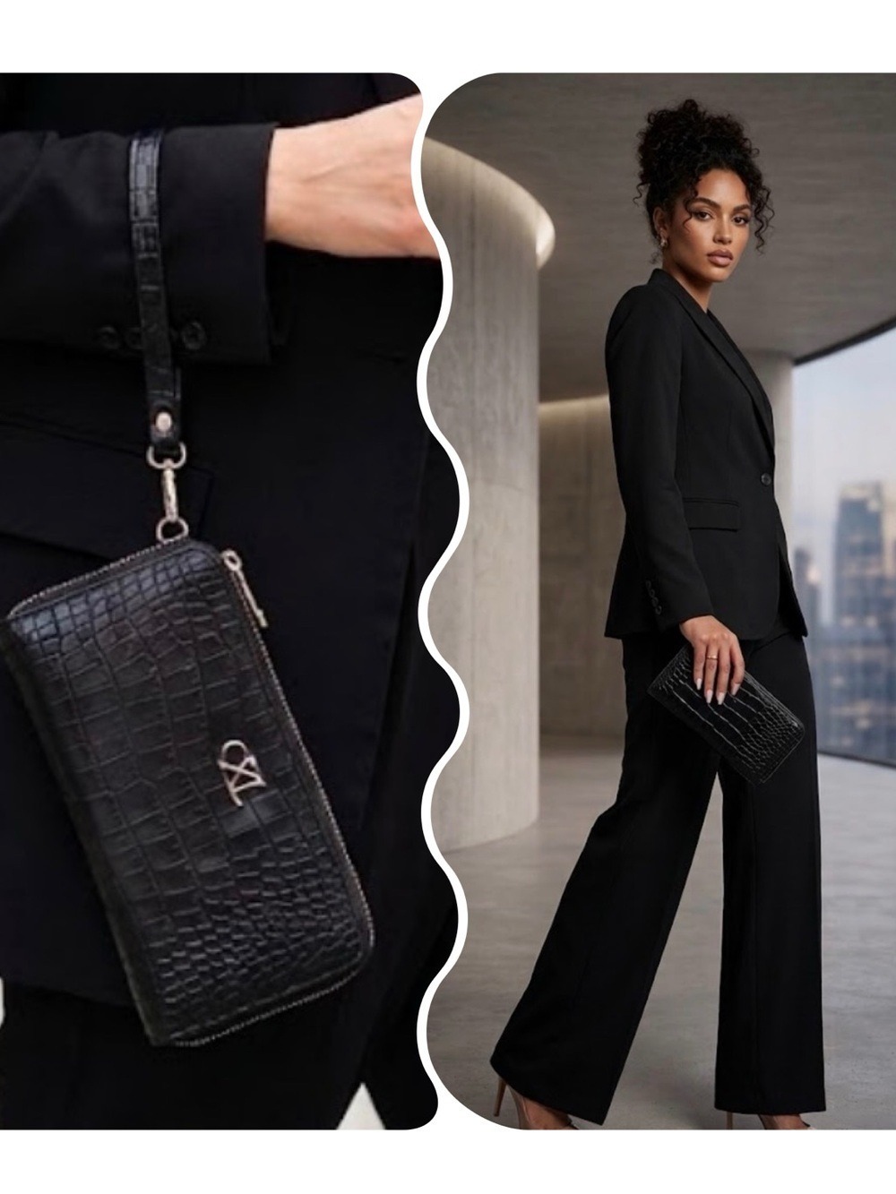 Christian Lacroix Black Croco Zip-Around Wristlet